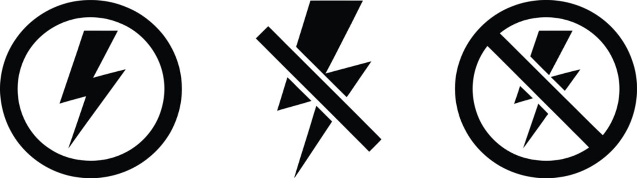 Lightning bolt icon set showing power on and off states for electricity, energy, switches, electrical systems, and control