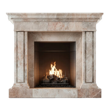 A beige marble fireplace with a classic design, showcasing a warm fire within its hearth.  The detailed stonework and pillars are clearly visible