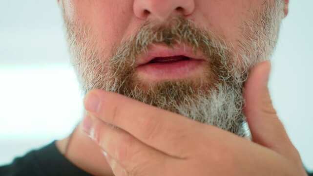 Close up bearded man touching gray beard with fingers during morning grooming in bathroom. Adult male checking facial hair texture around chin and mustache. Mature men skincare, beard care and
