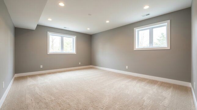 Bright and newly renovated basement with fresh carpet, neutral paint, and natural light from windows.