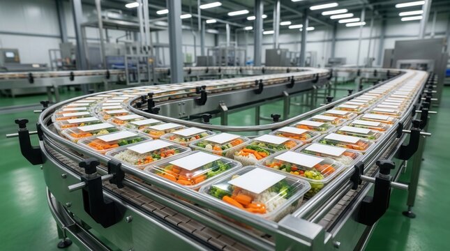 Modern food processing factory featuring prepackaged meals on an automated conveyor belt for mass production and distribution