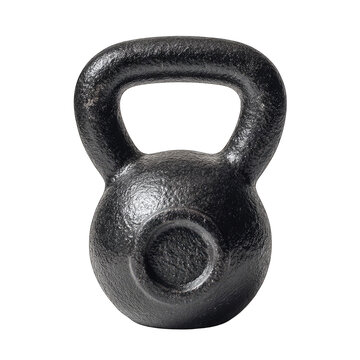 A black cast iron kettlebell, slightly worn, is shown against a white background.  The kettlebell's surface texture is visible