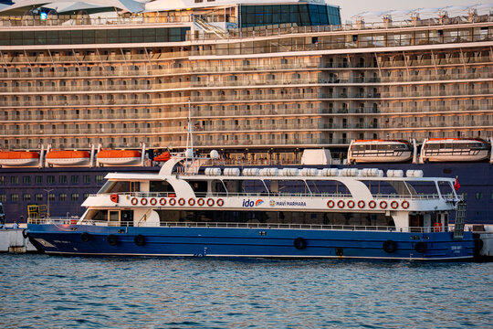 View of Mavi Marmara passenger ferry in Kusadasi harbor. Kusadasi, Turkiye - August 21, 2026.