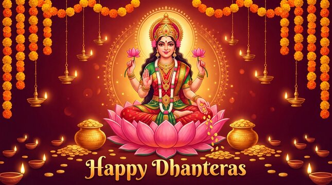 Goddess lakshmi seated on a lotus flower with offerings and golden coins on dhanteras festival