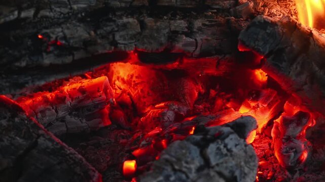 Burning firewood logs with glowing hot embers close up. Seamless looping macro footage featuring red-hot coal textures and natural sound. Perfect for relaxation and media projects.