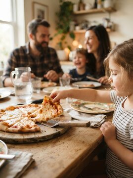 Happy family enjoying pizza dinner together at a wooden table.
