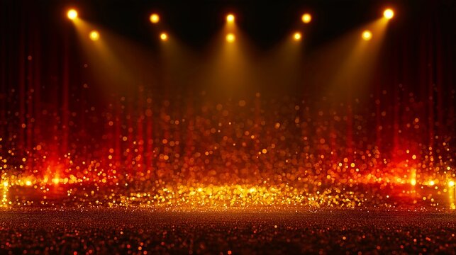 A lavish stage backdrop illuminated by dazzling gold glitter and spotlights