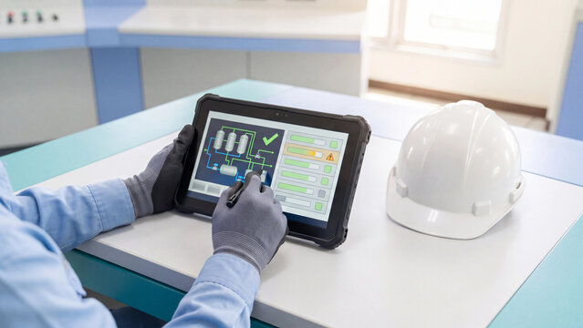 Industrial process monitoring and equipment inspection concept, worker using a stylus on a rugged tablet with a piping diagram, status bars and an amber warning beside a white hard hat on a table