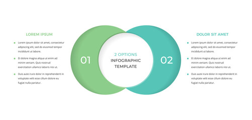 Fototapeta na wymiar Two option infographic template featuring overlapping circles arranged horizontally. 2 options comparison chart, venn diagram for business data. Vector illustration