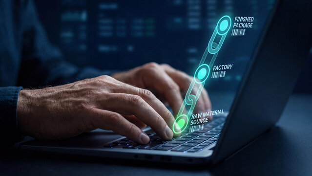 Supply chain traceability and product provenance concept, hands typing on a laptop with a glowing chain linking raw material source, factory and finished package stages marked with barcode labels