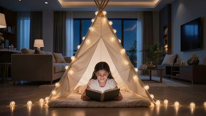 Fototapeta premium Indian girl reading book inside illuminated cozy play tent at night in India