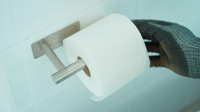 Restroom cleaner reaching for empty toilet paper tube while servicing bathroom dispenser. Gloved hand during janitorial work in public toilet. Sanitation staff restocking tissue supplies and