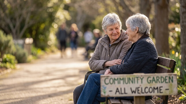 Elderly queer couple sits on park bench in community garden, smiling affectionately at each other. Elderly queer couple enjoys sunny afternoon together, showcasing companionship and shared happiness.