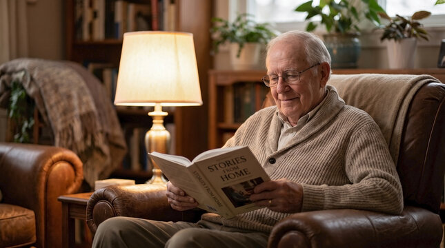 Elderly man reading book in residential living room armchair, senior person reading with optical glasses in comfortable home setting. Smiling elderly man reading, depicting leisure, contemplation