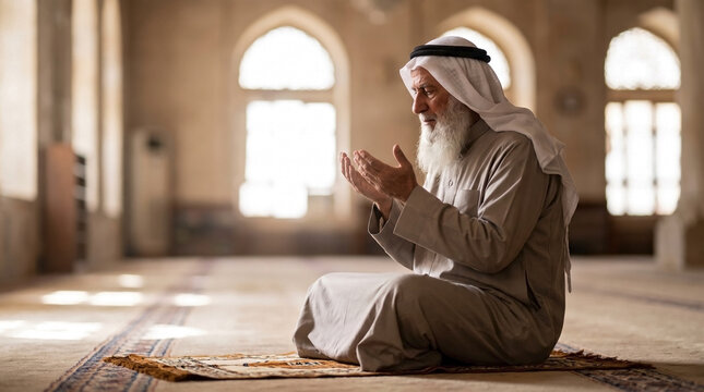 Elderly Muslim man praying in ancient mosque, illuminated by soft light through arched windows. Elderly Muslim man performs ritual prayer, demonstrating faith and devotion on prayer rug.