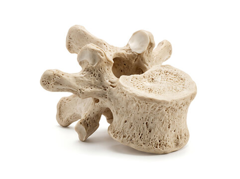 Close-up of a single lumbar vertebra bone from a human spine, showcasing its anatomical structure on a white background