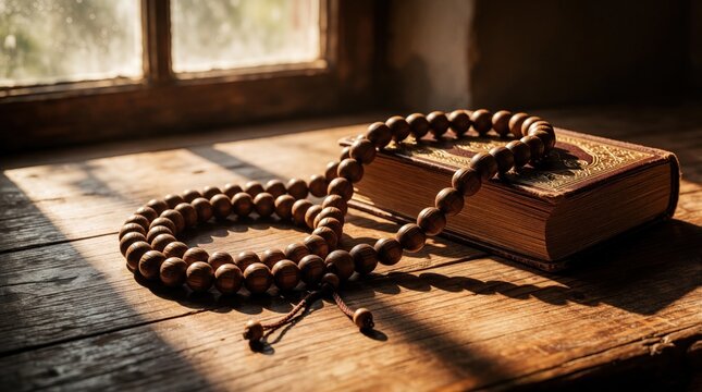 Wooden prayer beads lay on old holy book. Sacred Koran sits on rustic table by window. Warm morning sunlight creates soft shadows in room. Muslim man studies religion practices meditation with rosary