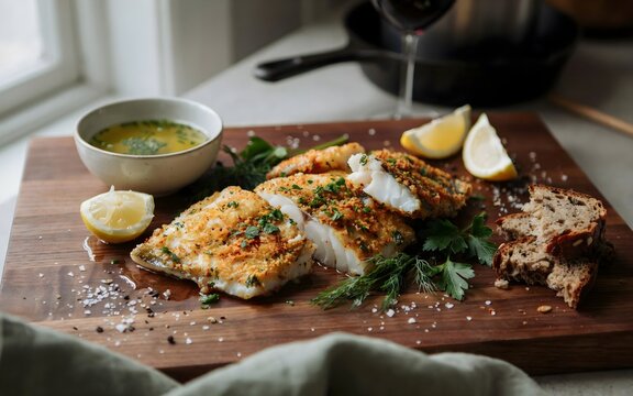 Filetes de pescado blanco al horno con costra de hierbas servidos en una tabla de madera con gajos de lim&oacute;n y salsa