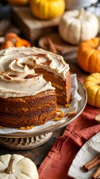 Pastel artesanal de calabaza con cobertura de crema de queso y especias en un ambiente oto&ntilde;al