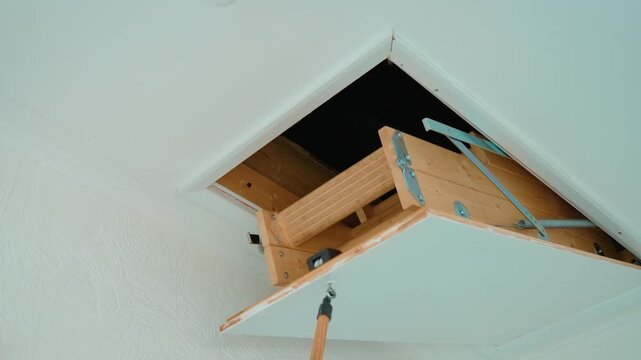 Folding attic ladder descending from ceiling hatch while opening access to loft space. Wooden retractable staircase with metal hinges inside home. Ceiling attic entrance and space saving ladder