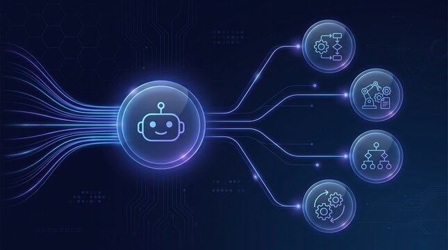 Futuristic robot head icon with glowing circuit pathways connected to various industrial and data management icons in a dark blue digital environment for artificial intelligence