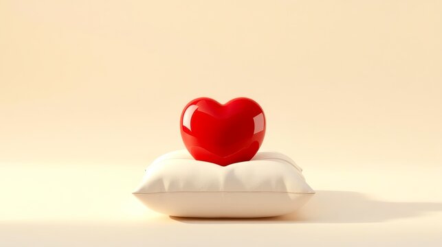 Red heart rests gently on soft white pillow