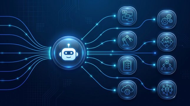 Robot head icon connected to a network of glowing business icons including API and cloud computing in a dark blue futuristic technology interface for artificial intelligence