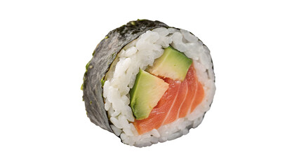 Single fresh maki sushi roll with salmon and avocado isolated on transparent background © harrington