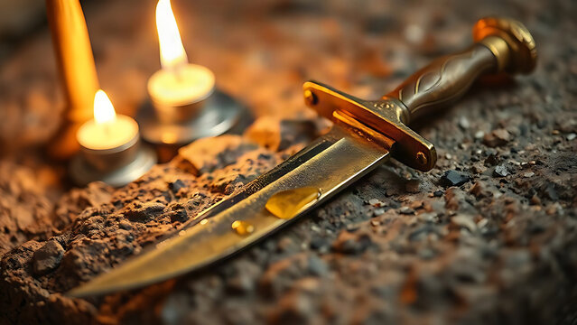 Ancient bronze dagger on stone, blade gleaming with oil under candlelight.