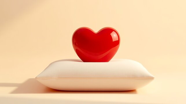 Soft pillow holds a glossy red heart