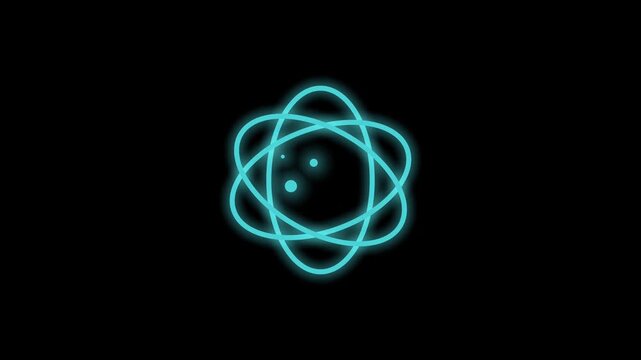 Neon blue glowing atom symbol rotating with orbiting electrons on black background