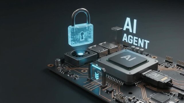AI agent circuit board with glowing processor chip and digital padlock hologram for cybersecurity and hardware data protection concept