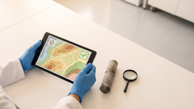 Geological mapping and mineral exploration concept, researcher holding a tablet with a colorful survey map and green checkmark beside a rock core sample and magnifying glass on a laboratory table
