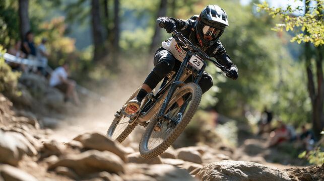 Colombian mountain bike downhill racer airborne over gap jump on rocky forest trail, protective full-face helmet, speed and risk, endurance competition, MTB racing event, extreme