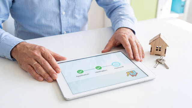 Mortgage application and property financing concept, person using a tablet showing application, verification and approval stages beside a wooden house model and keys on a bright white office desk