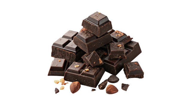 A pile of delicious dark chocolate chunks cubes cooking snack isolated on transparent background