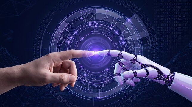 Human hand and robotic hand touching fingers to connect through a glowing digital portal representing the future of communication and artificial intelligence in global business