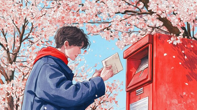 Illustration of a young man dropping a letter into a mailbox under cherry blossoms in full bloom