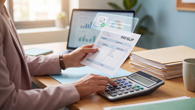 Payroll processing and salary verification concept, accountant reviewing a pay slip with a calculator beside laptop charts and stacked folders, with a digital approval checkmark above the document