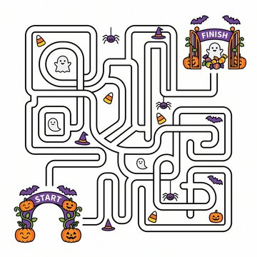 Help find the path from the pumpkin start arch to the candy ghost finish line in this fun Halloween maze puzzle game for kids.