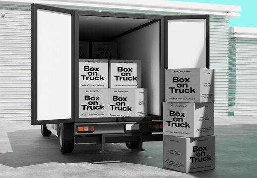 Cardboard Box On Truck 3D Mockup