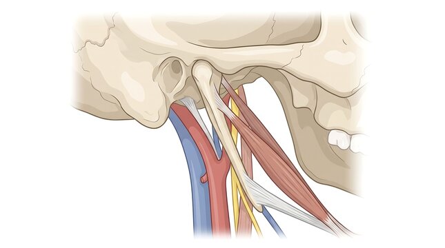 Styloid process temporal bone anatomy medical illustration showing human neck muscles and ligaments