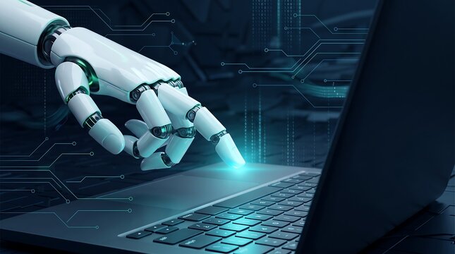 Futuristic robot hand touching laptop trackpad in digital environment with binary code and circuit board background for artificial intelligence business software development concept