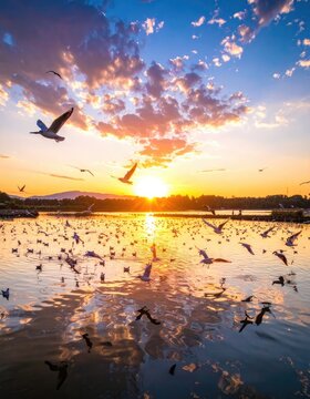 A flock of seagulls takes flight over a calm lake at sunset.