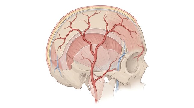 Superficial temporal artery anatomy medical illustration showing human head scalp blood vessels and vasculature