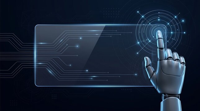 Futuristic robot hand interacting with glowing circular interface and circuit board lines for artificial intelligence business connectivity and high tech communication network concept
