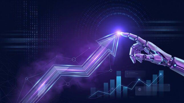 Futuristic robotic hand navigating upward trending business growth arrow on advanced digital analytics dashboard with binary code background and glowing financial data visualization