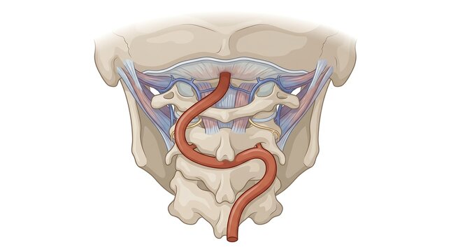 Third part vertebral artery anatomy illustration showing suboccipital triangle pathway and cervical spine structures