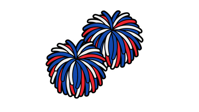 Patriotic cheerleader pom poms illustration, red white and blue sports equipment, pair of colorful spirit poms for cheerleading and fan support