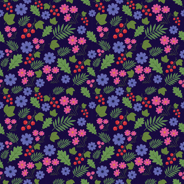 Floral and Berry Botanical Dark Blue Background